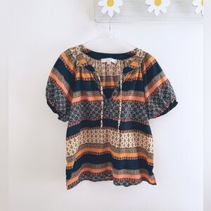 LOFT Petites XSP Boho Peasant Blouse Orange Navy Blue Short Puff Sleeve Top